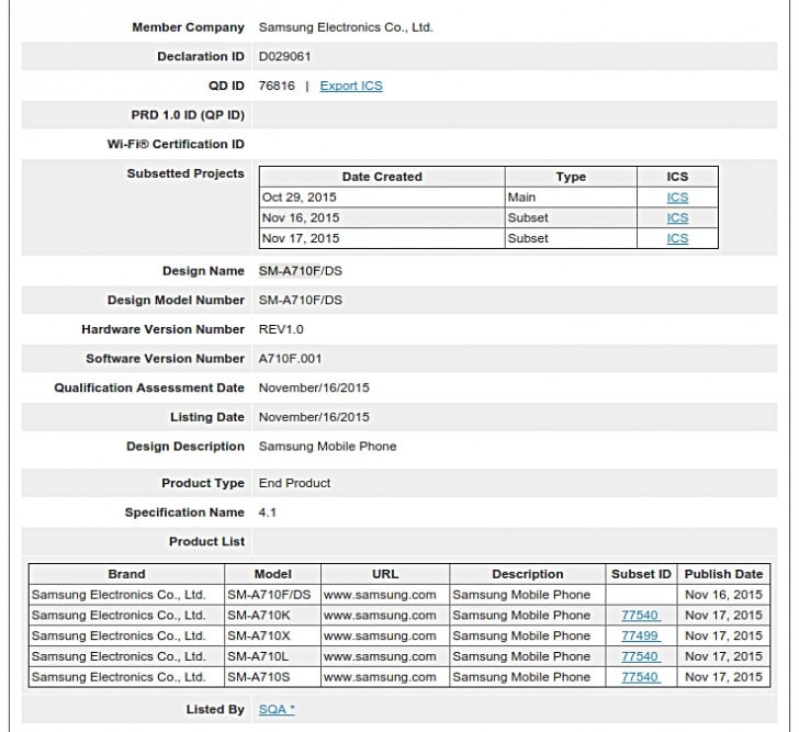 Samsung Galaxy A7 (2016) Bluetooth SIG