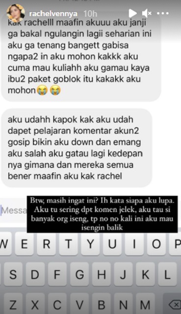 Tangkapan Layar Unggahan Instagram Story Rachel Vennya