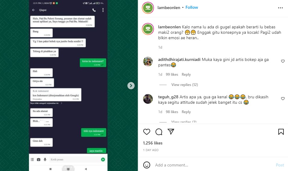 Screenshot Unggahan Akun Instagram @lambeonlen