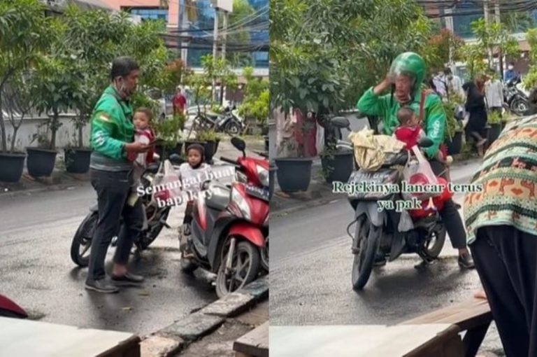 Viral Momen Driver Ojol Ambil Orderan Pelanggan Sambil Bawa 2 Anak Salut