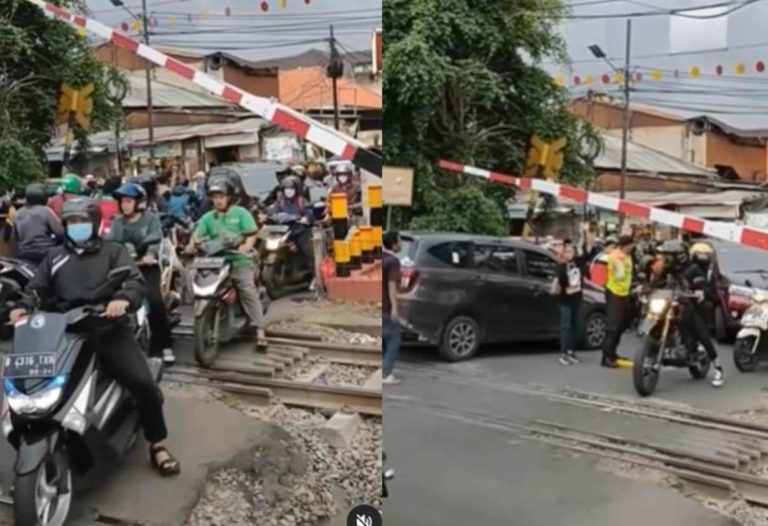 VIRAL Kendaraan Ramai ramai Terobos Palang Pintu Kereta Sampai Bikin Petugas Repot, Gak Sayang Nyawa